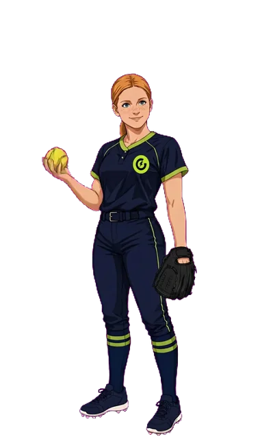 OneGoal's cartoon softball pitcher in a navy and lime uniform, holding a softball