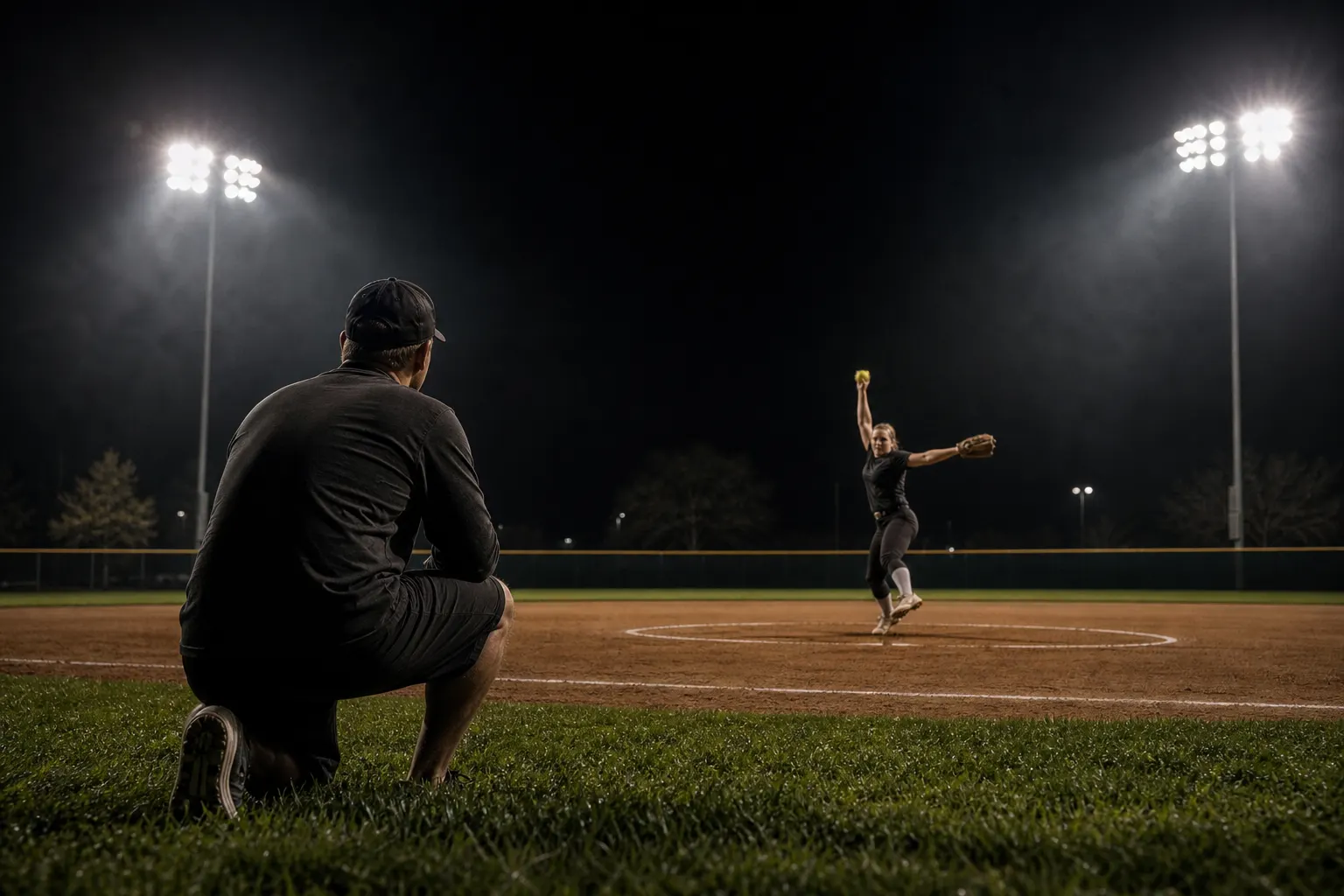 Softball pitching coach kneeling on the grass, watching a pitcher's windmill delivery on a lit field at night