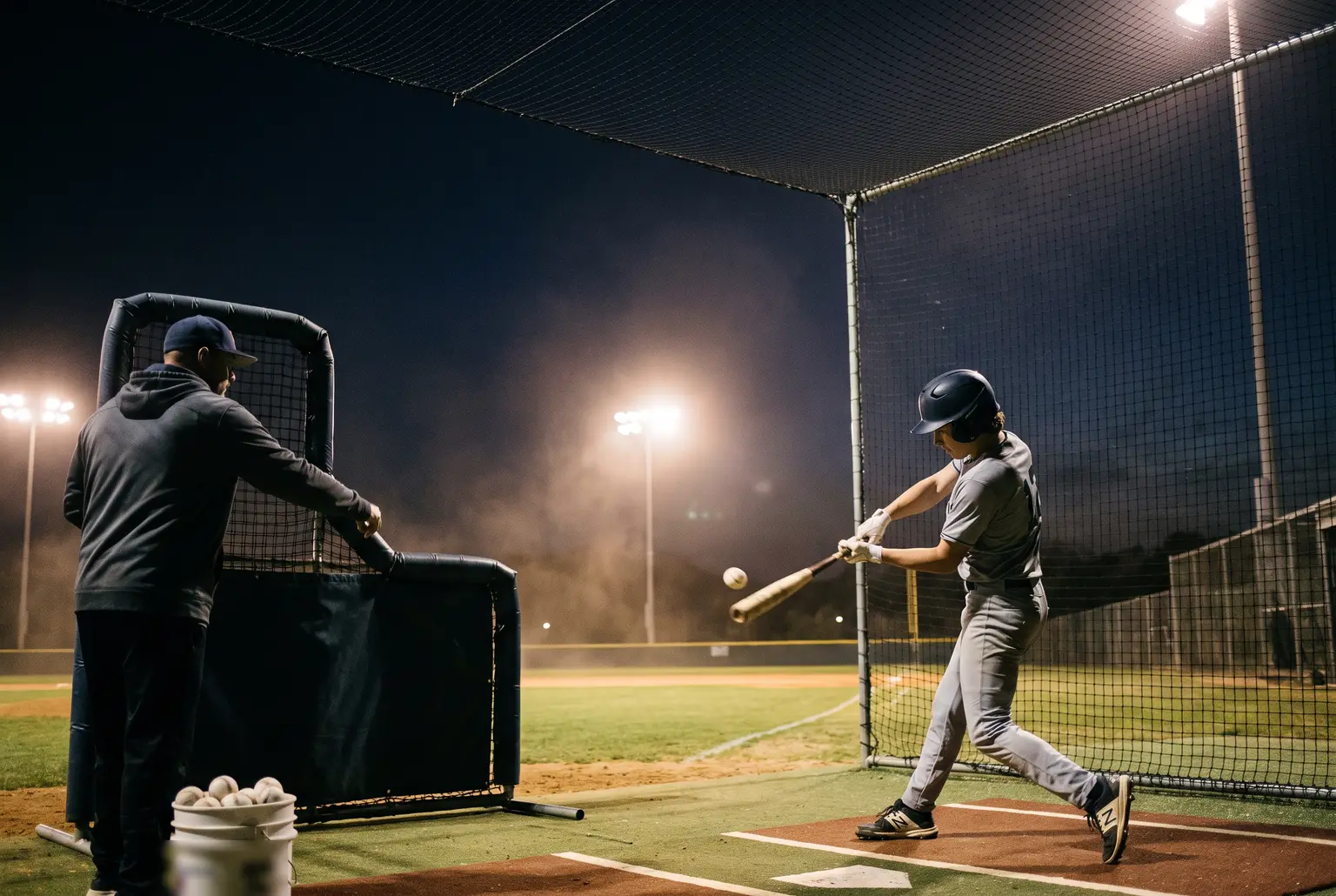 Hitting coach behind a protective screen as a teenage hitter swings at a pitch in a lit batting cage at night