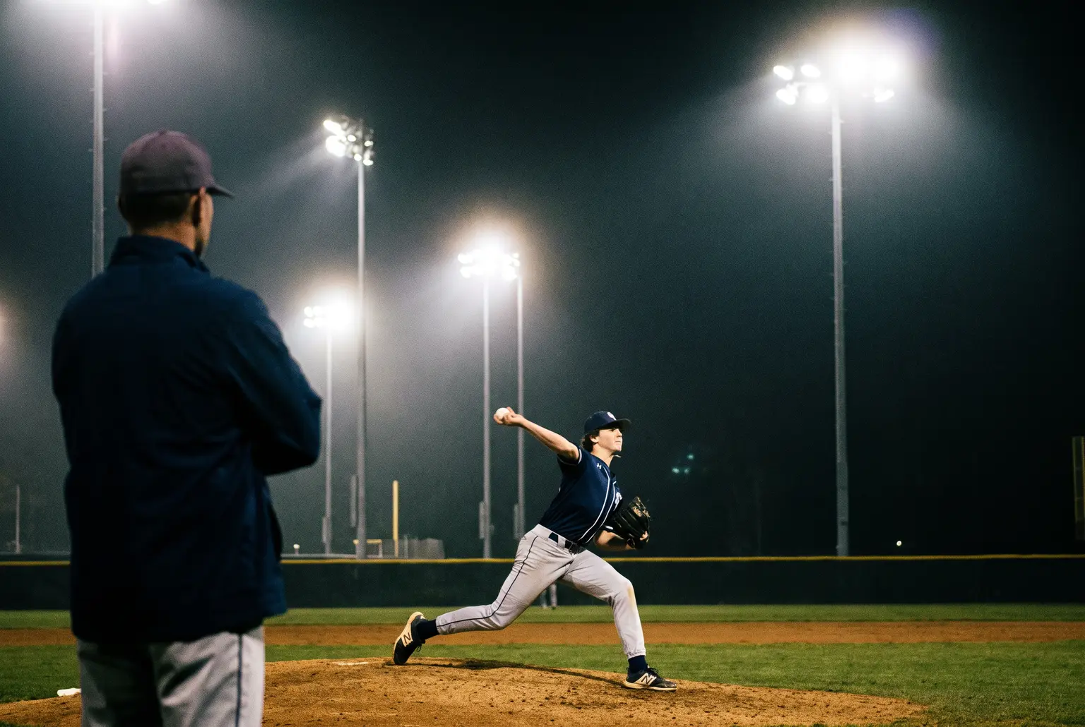 Pitching coach watching a teenage pitcher's delivery from the mound on a lit baseball field at night
