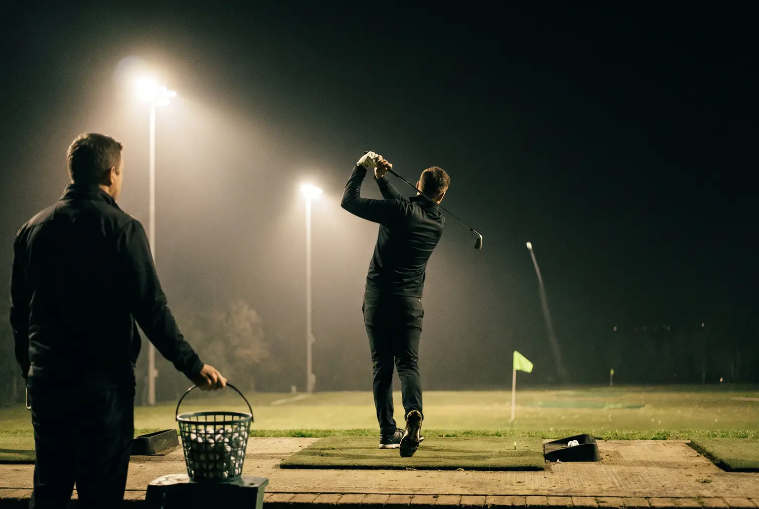 Golf instructor holding a range basket, watching a golfer finish his swing on a floodlit driving range at night
