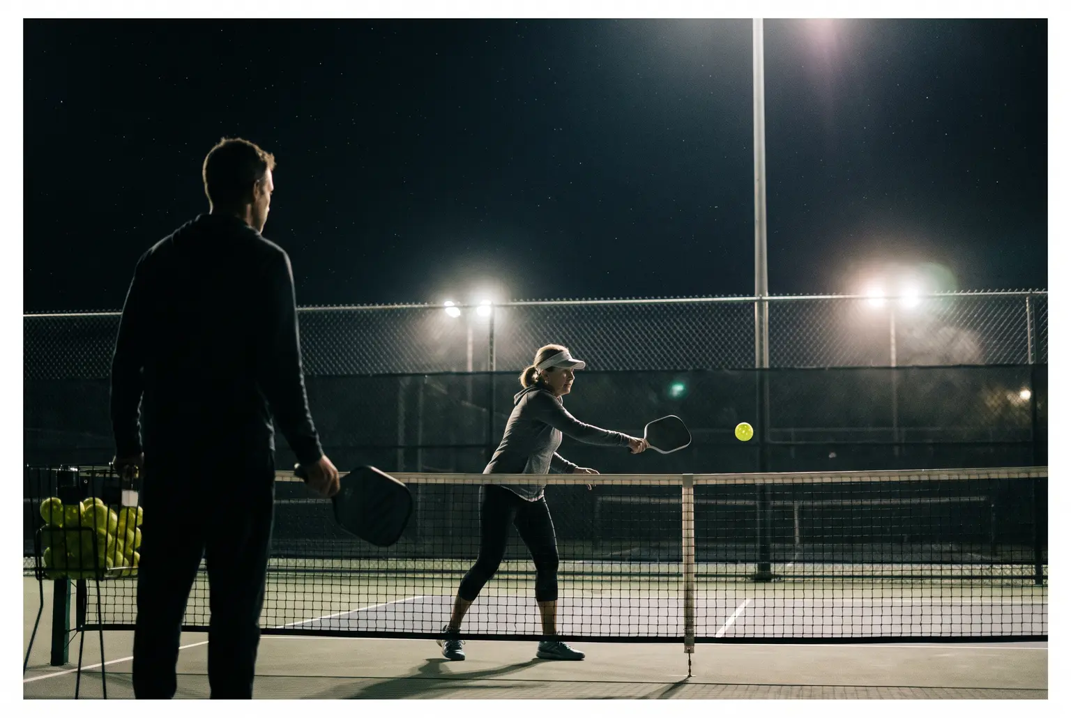 Pickleball coach holding a paddle by the net, watching an adult player hit a shot on a lit court at night