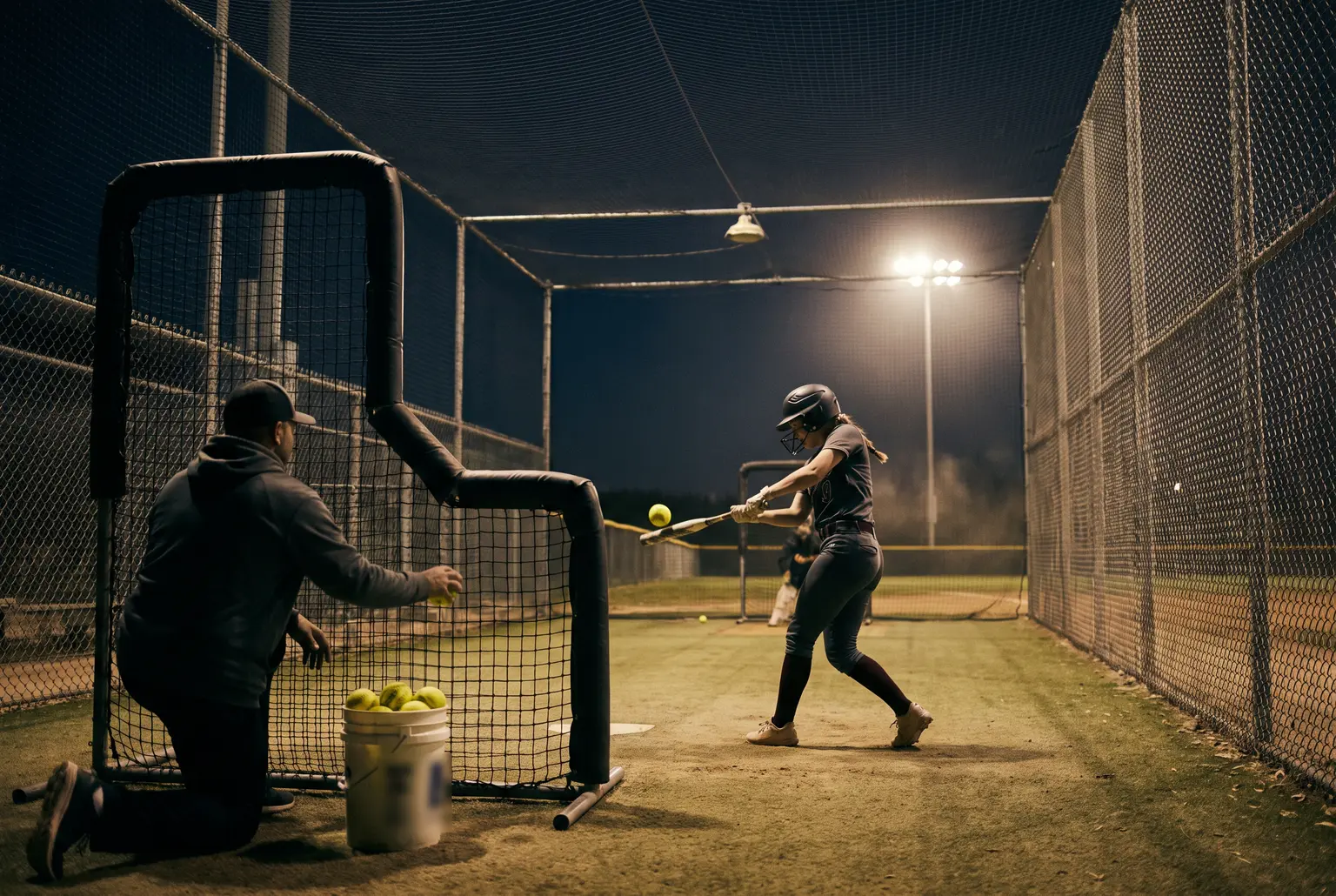Hitting coach kneeling behind a protective screen, tossing a softball to a hitter mid-swing in a batting cage at night
