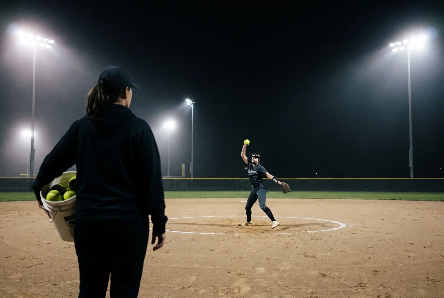 Softball pitching coach holding a bucket of balls, watching a pitcher's windmill delivery in the circle on a lit field at night
