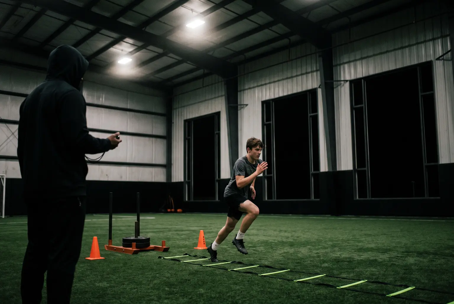Speed coach timing an athlete running through an agility ladder in an indoor turf facility at night