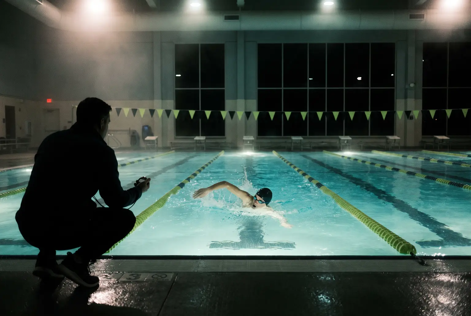 Swim instructor crouching on the pool deck with a stopwatch as a swimmer swims freestyle in a lit indoor pool