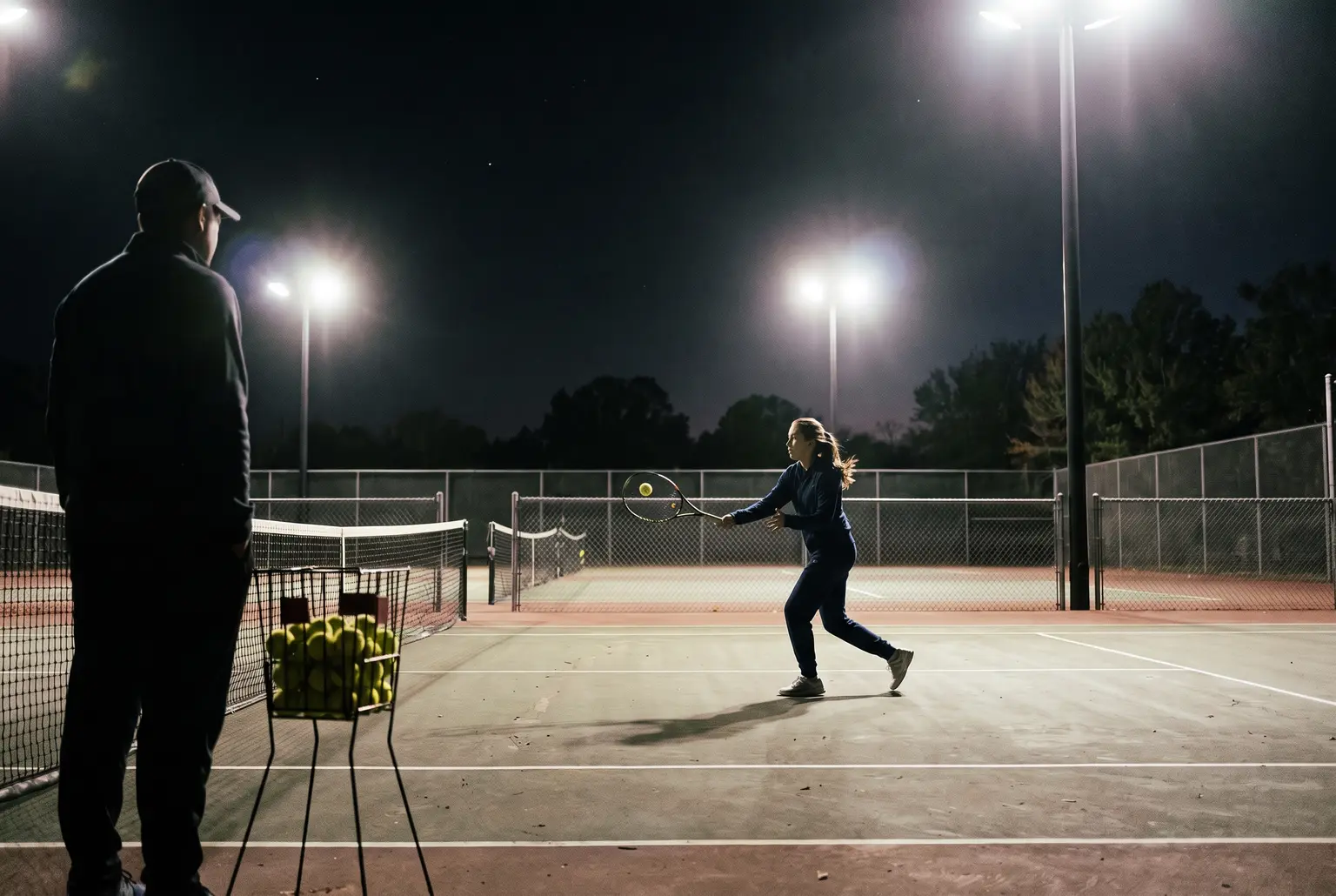 Tennis coach standing by a basket of balls, watching a player hit a forehand on a lit court at night