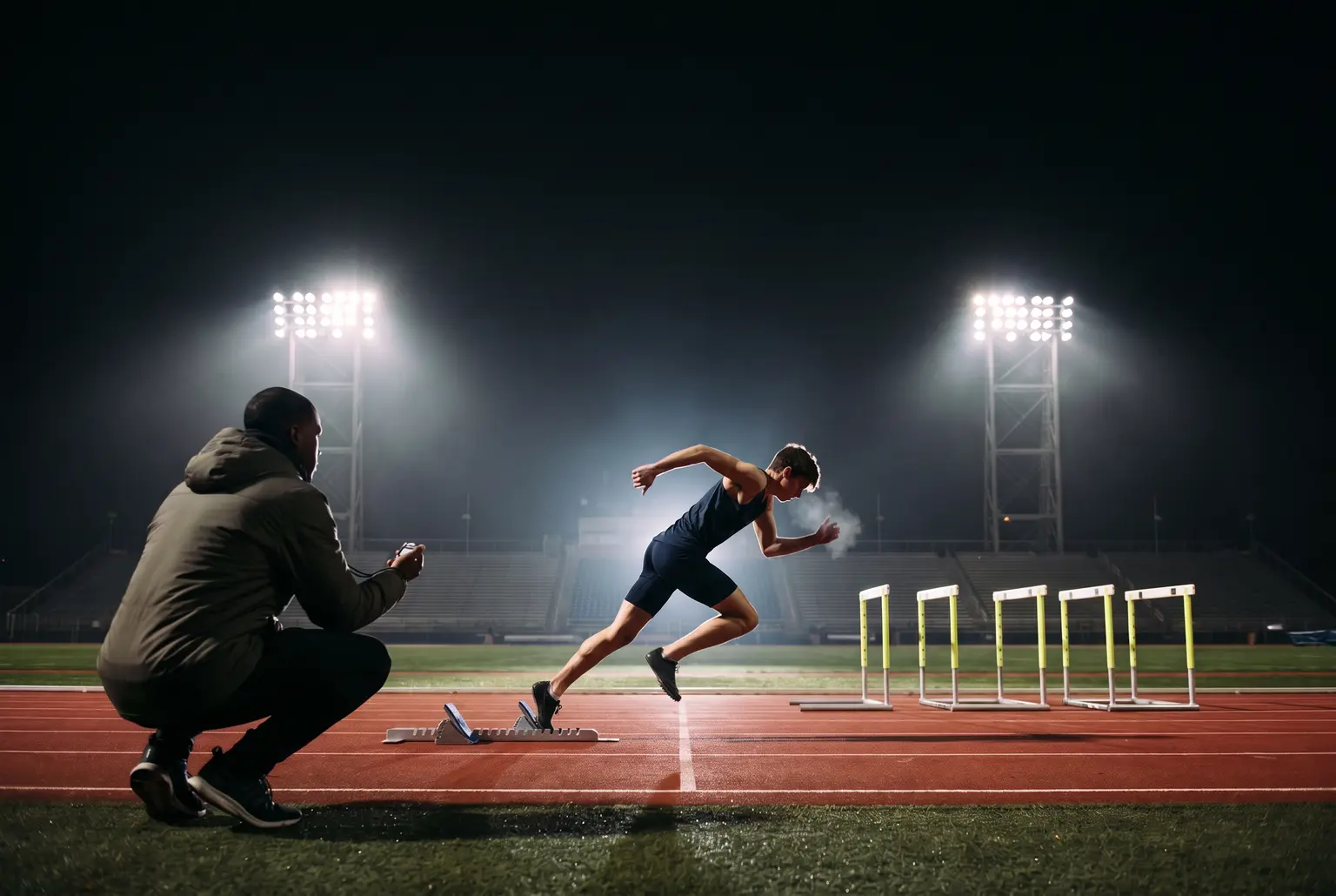 Sprint coach crouching trackside with a stopwatch as a sprinter drives out of the starting blocks under stadium lights